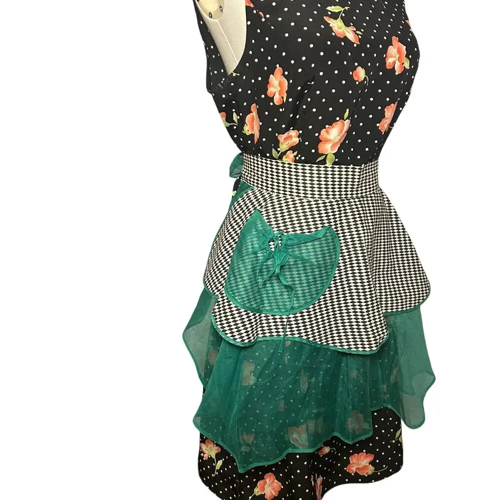 Vintage1950s Harlequin Organza Hostess Apron Green Sheer Ruffle Miu Miu Style OS